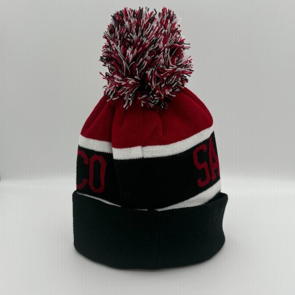 San Francisco 49ers 49 NFL Pom Beanie Hat Knit Winter Cap Cuffed Red Black - Picture 3 of 3